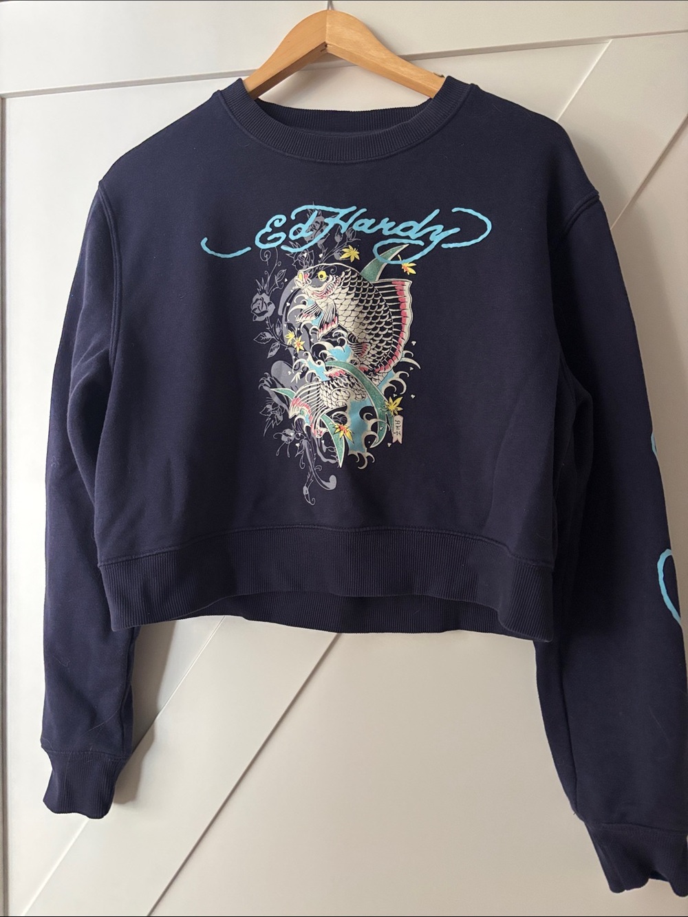 Ed Hardy Navy Cropped Crewneck with Turquoise Script and Multicolor Koi